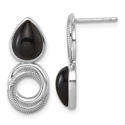 Sterling Silver Rhodium-Plated Black Agate Circle Teardrop Post Earrings