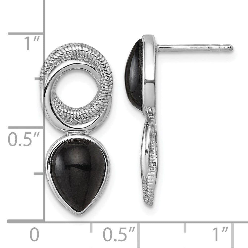 Sterling Silver Rhodium-Plated Black Agate Circle Teardrop Post Earrings
