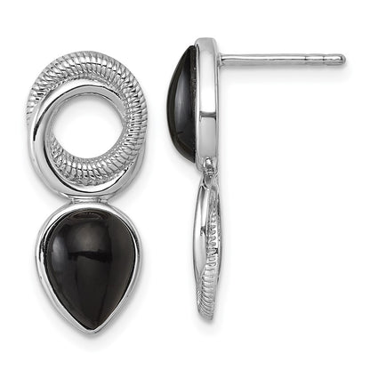 Sterling Silver Rhodium-Plated Black Agate Circle Teardrop Post Earrings