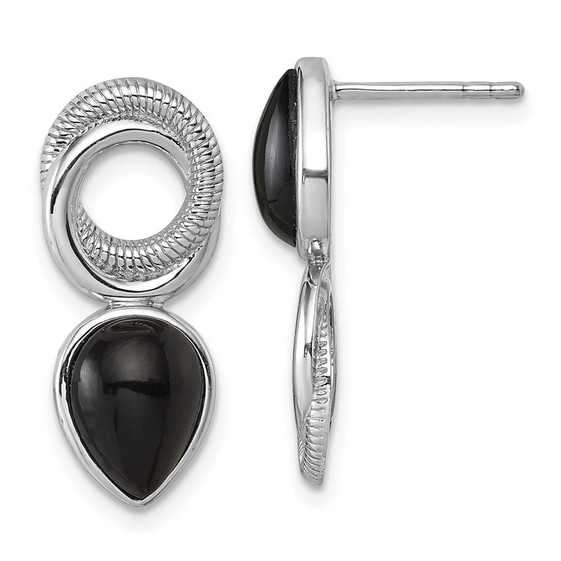Sterling Silver Rhodium-Plated Black Agate Circle Teardrop Post Earrings