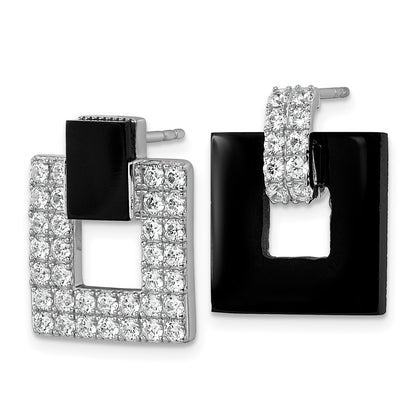Sterling Silver Rhodium Plated CZ Black Agate Square Dangle Mis-Matched Earrings