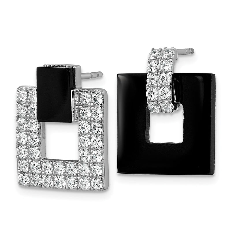 Sterling Silver Rhodium Plated CZ Black Agate Square Dangle Mis-Matched Earrings
