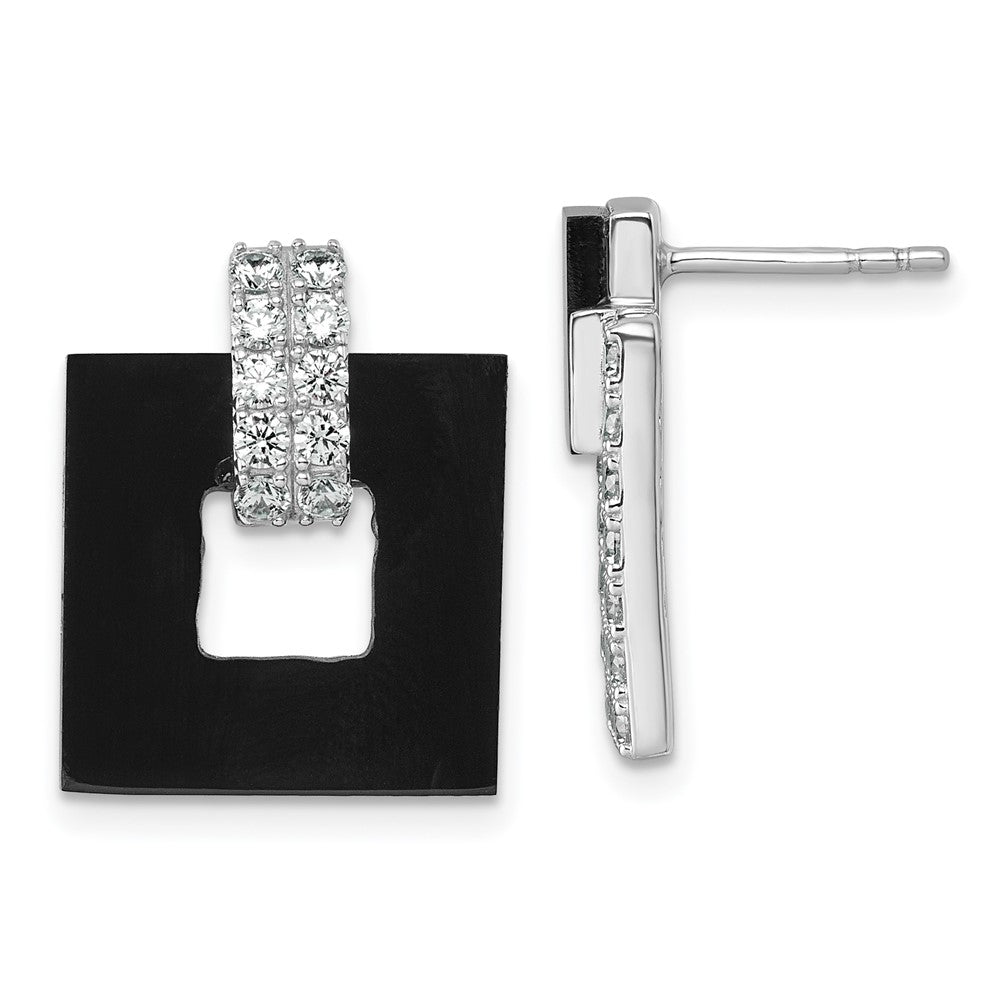 Sterling Silver Rhodium Plated CZ Black Agate Square Dangle Mis-Matched Earrings