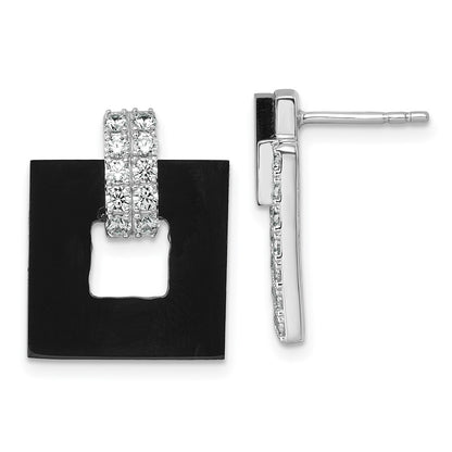 Sterling Silver Rhodium Plated CZ Black Agate Square Dangle Mis-Matched Earrings