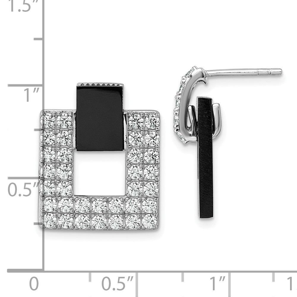 Sterling Silver Rhodium Plated CZ Black Agate Square Dangle Mis-Matched Earrings