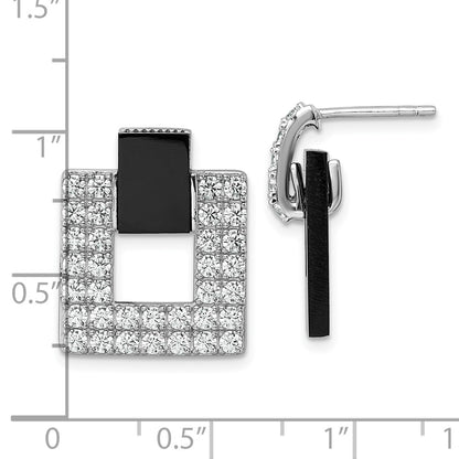 Sterling Silver Rhodium Plated CZ Black Agate Square Dangle Mis-Matched Earrings