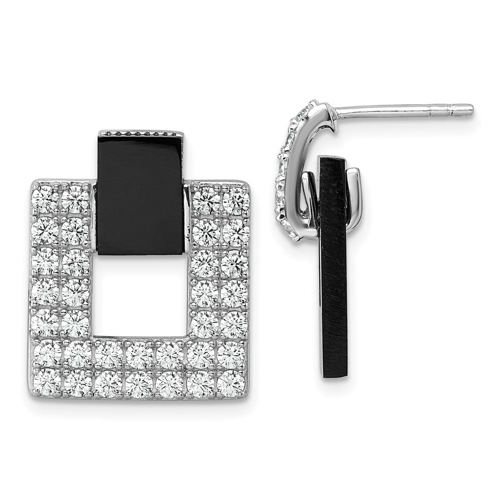 Sterling Silver Rhodium Plated CZ Black Agate Square Dangle Mis-Matched Earrings