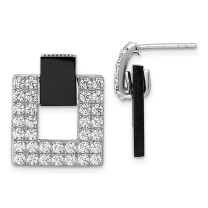 Sterling Silver Rhodium Plated CZ Black Agate Square Dangle Mis-Matched Earrings