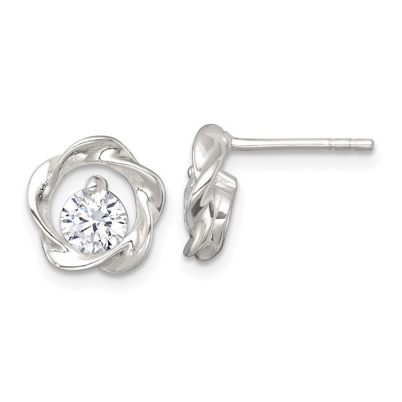 Sterling Silver Polished CZ Twisted Circle Post Earrings
