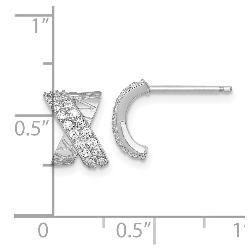 Sterling Silver Rhodium Plated Polished and Patterned X CZ Post Earrings
