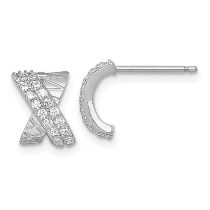 Sterling Silver Rhodium Plated Polished and Patterned X CZ Post Earrings