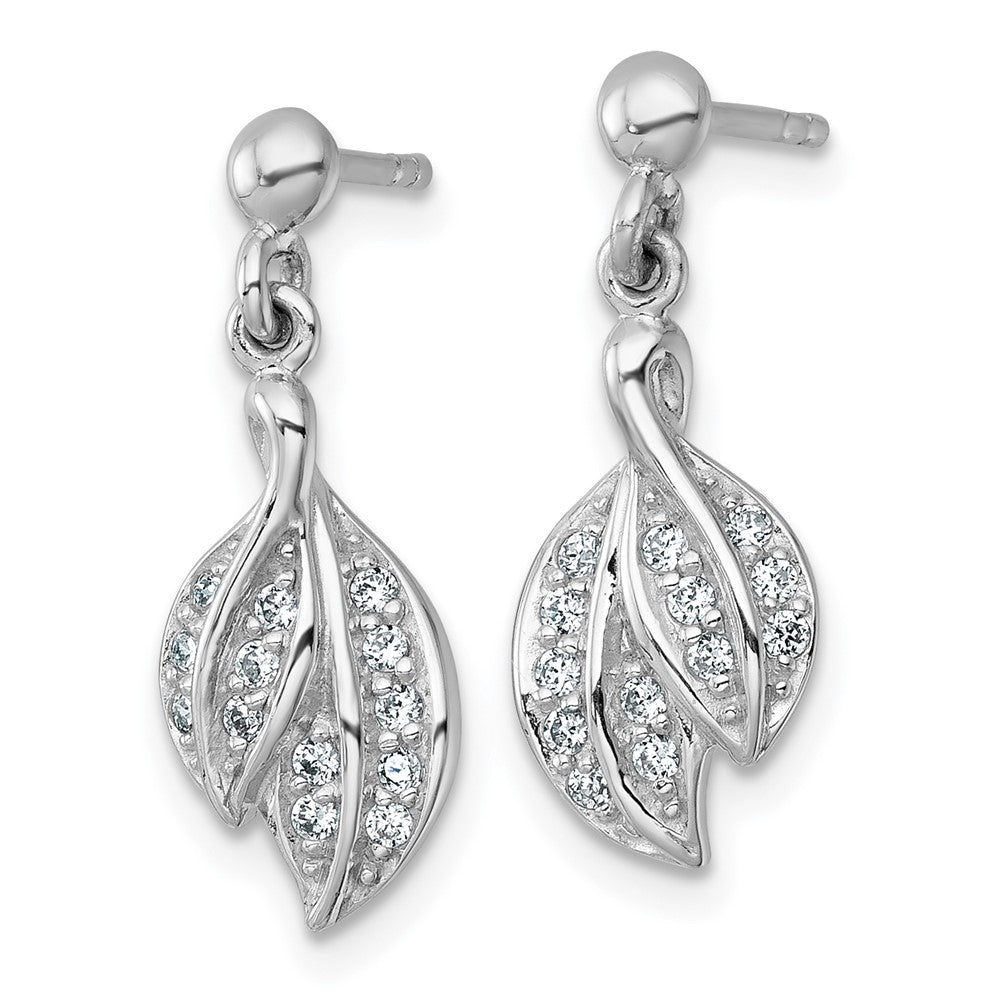 Sterling Silver Rhodium-Plated Polished CZ Leaf Dangle Post Earrings
