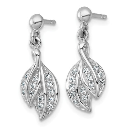 Sterling Silver Rhodium-Plated Polished CZ Leaf Dangle Post Earrings
