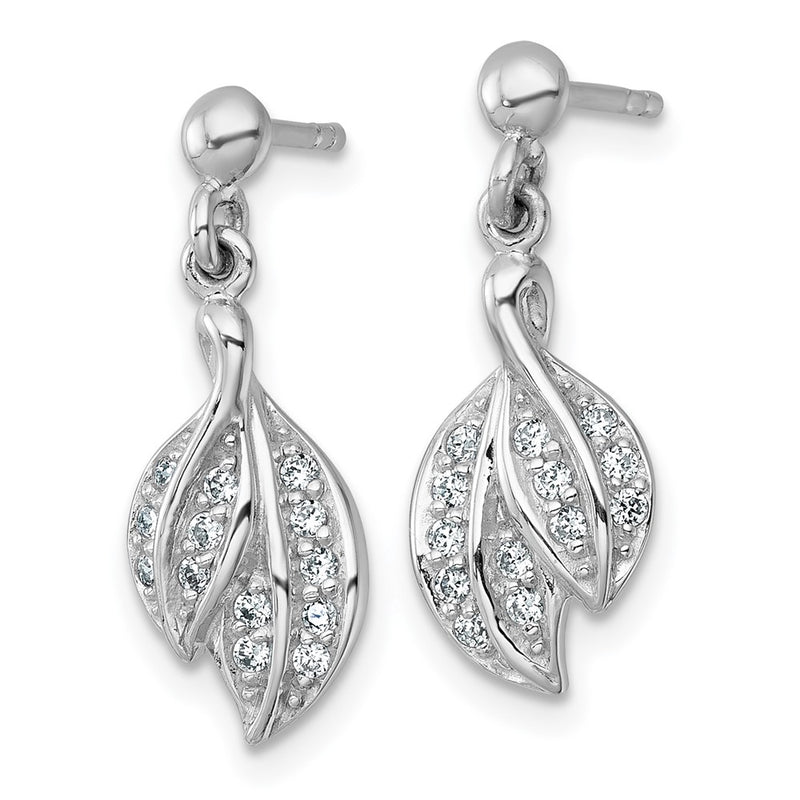 Sterling Silver Rhodium-Plated Polished CZ Leaf Dangle Post Earrings