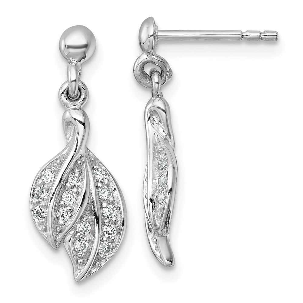 Sterling Silver Rhodium-Plated Polished CZ Leaf Dangle Post Earrings