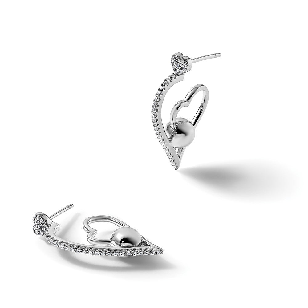 Sterling Silver Rhodium-Plated CZ Polished Heart Post Earrings