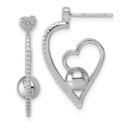 Sterling Silver Rhodium-Plated CZ Polished Heart Post Earrings