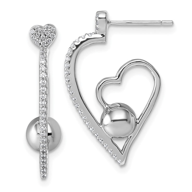 Sterling Silver Rhodium-Plated CZ Polished Heart Post Earrings