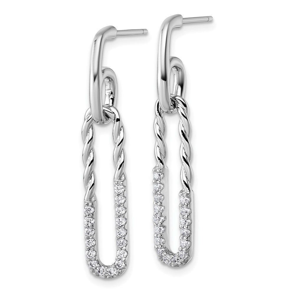 Sterling Silver Rhodium-Plated CZ Twisted Paper Clip Dangle Post Earrings