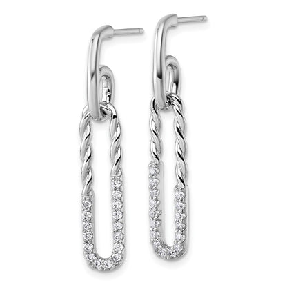 Sterling Silver Rhodium-Plated CZ Twisted Paper Clip Dangle Post Earrings