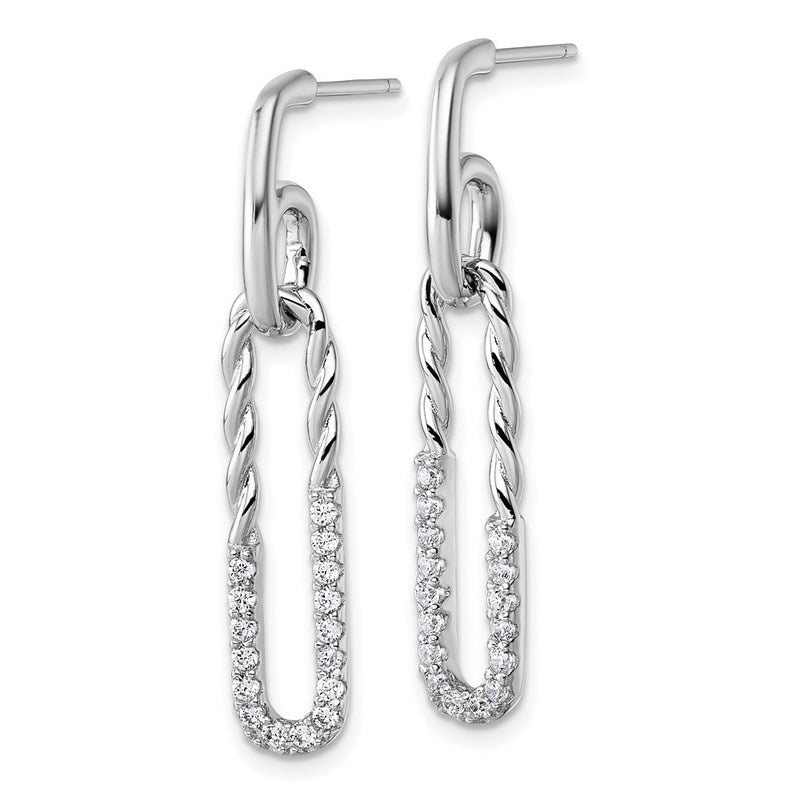 Sterling Silver Rhodium-Plated CZ Twisted Paper Clip Dangle Post Earrings