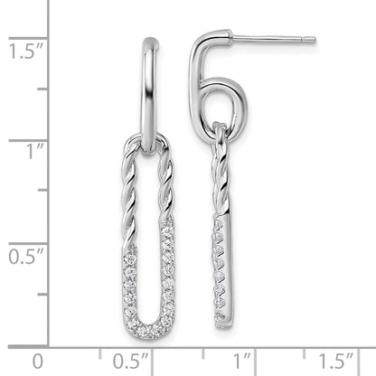 Sterling Silver Rhodium-Plated CZ Twisted Paper Clip Dangle Post Earrings