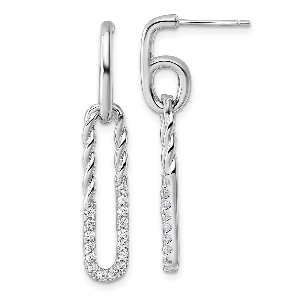 Sterling Silver Rhodium-Plated CZ Twisted Paper Clip Dangle Post Earrings