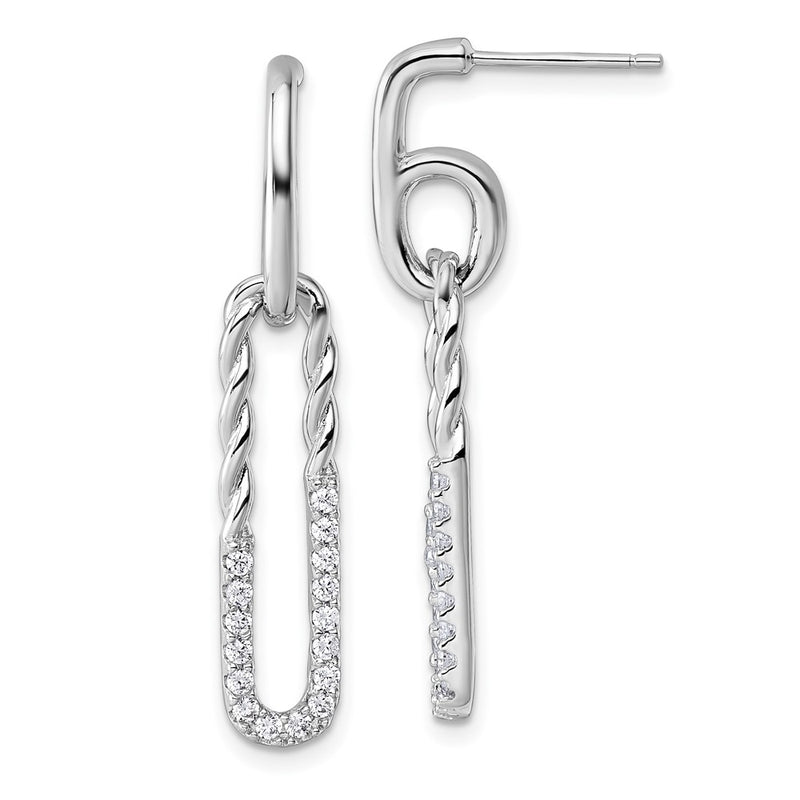 Sterling Silver Rhodium-Plated CZ Twisted Paper Clip Dangle Post Earrings