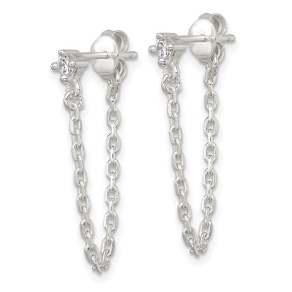 Sterling Silver Polished CZ Dangling Chain Post Earrings