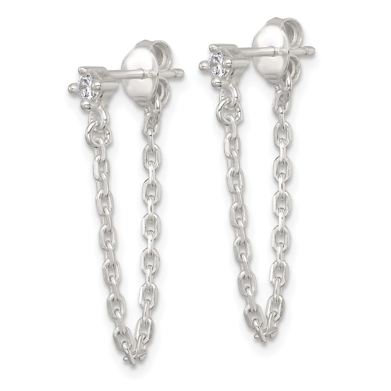Sterling Silver Polished CZ Dangling Chain Post Earrings