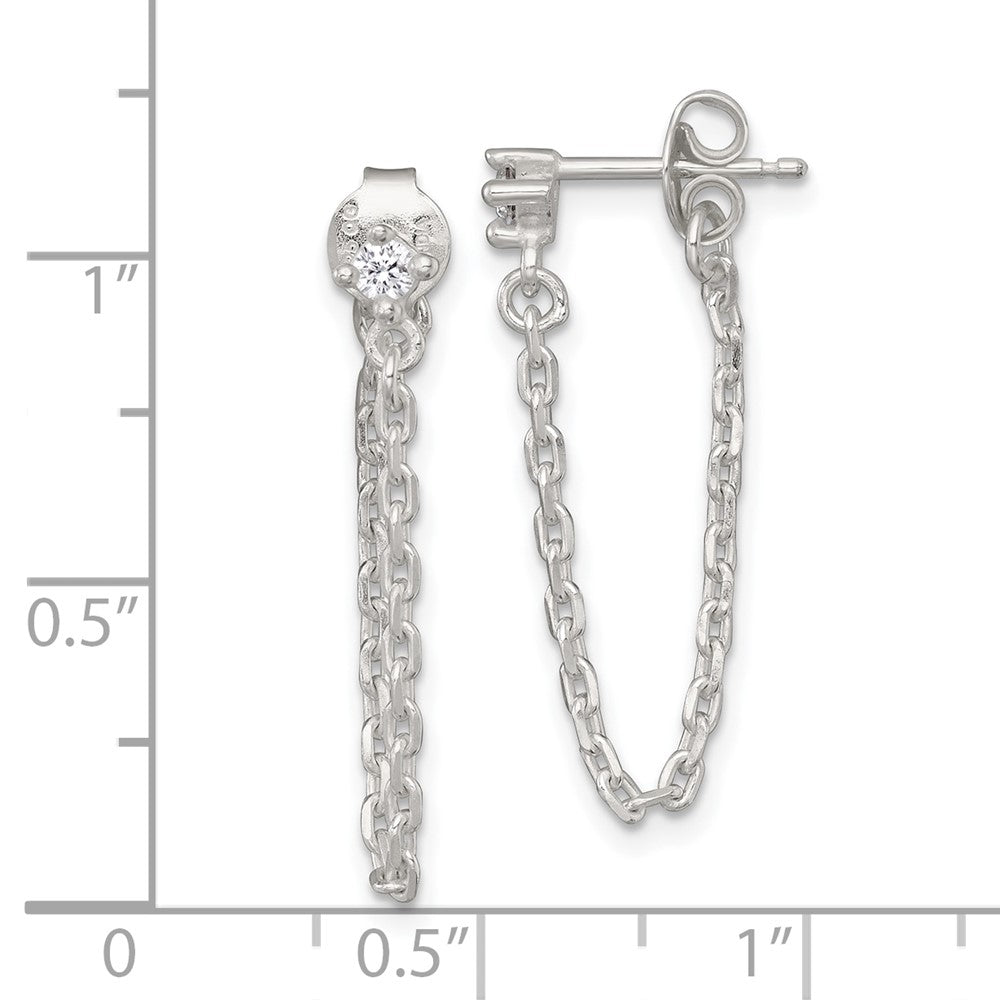 Sterling Silver Polished CZ Dangling Chain Post Earrings