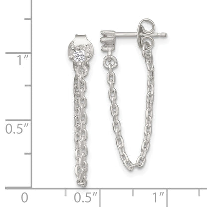 Sterling Silver Polished CZ Dangling Chain Post Earrings