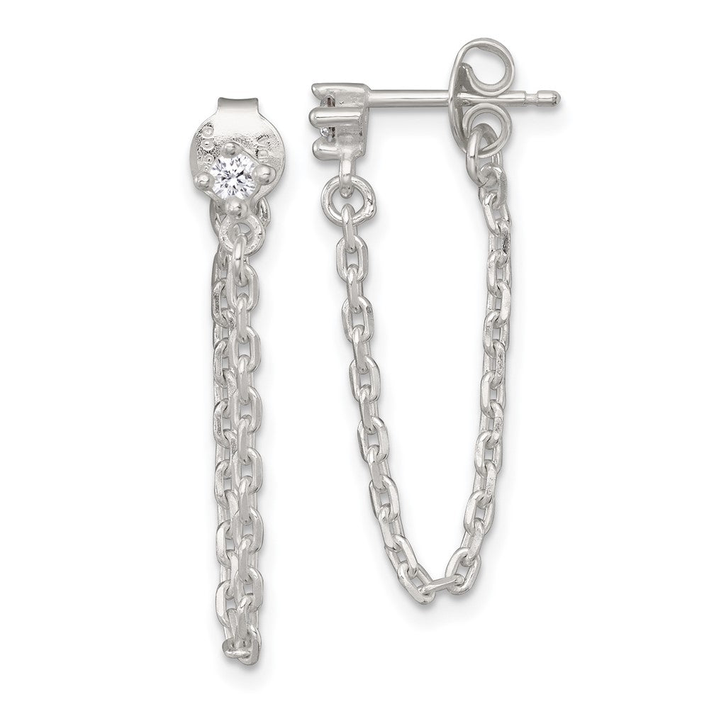 Sterling Silver Polished CZ Dangling Chain Post Earrings