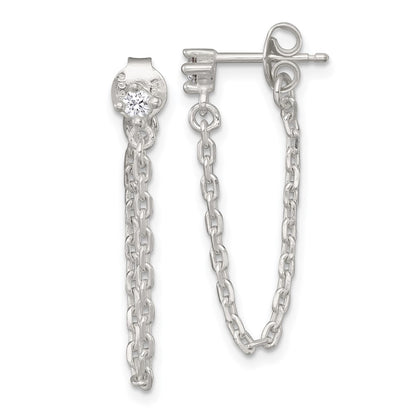 Sterling Silver Polished CZ Dangling Chain Post Earrings