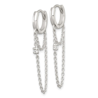 Sterling Silver Polished CZ Dangling Chain Hinged Round Hoop Earrings