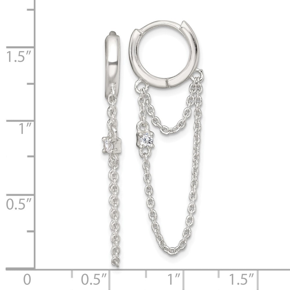 Sterling Silver Polished CZ Dangling Chain Hinged Round Hoop Earrings