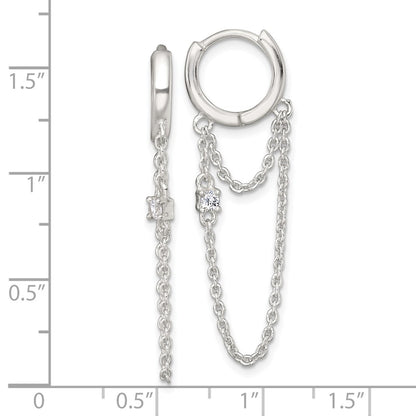 Sterling Silver Polished CZ Dangling Chain Hinged Round Hoop Earrings