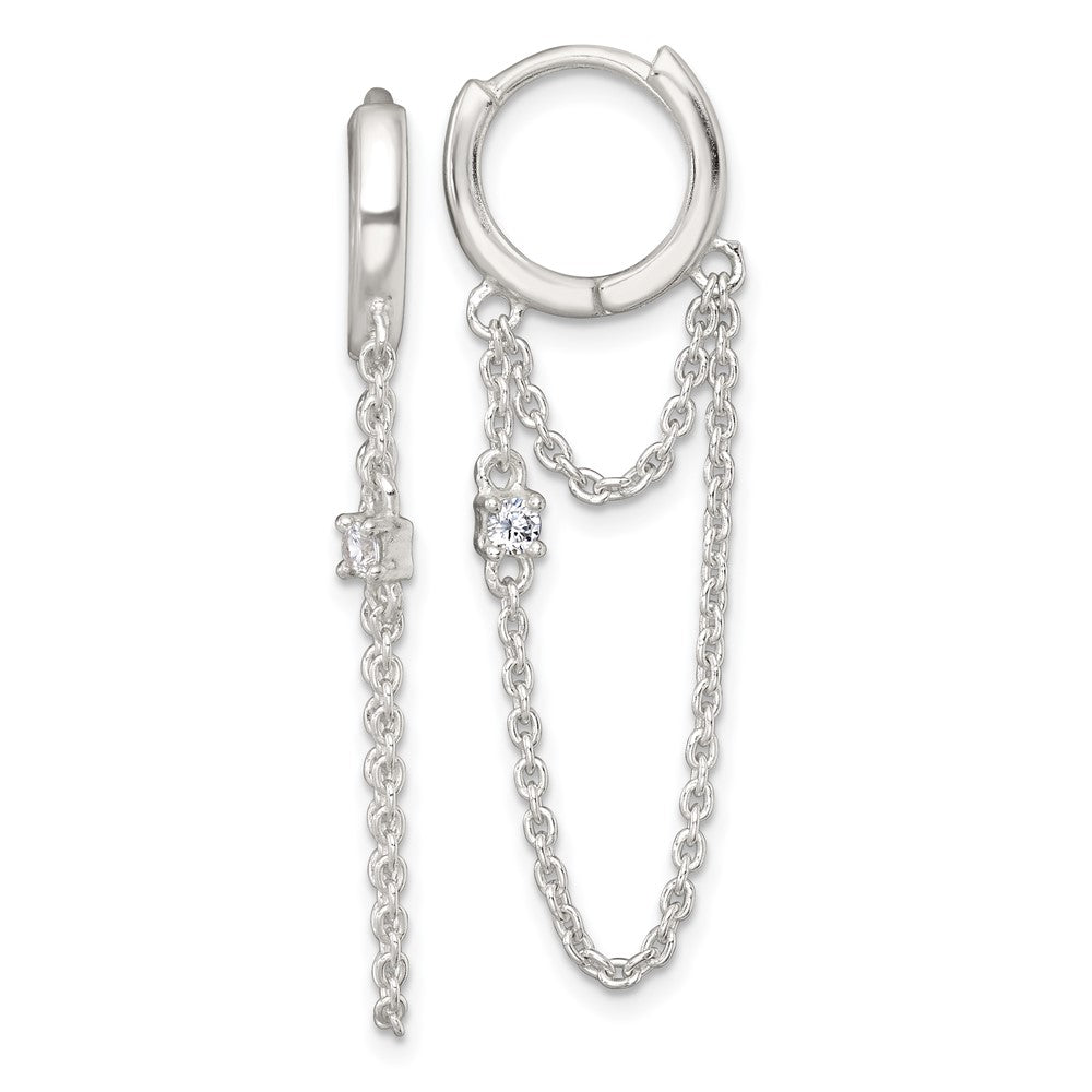 Sterling Silver Polished CZ Dangling Chain Hinged Round Hoop Earrings