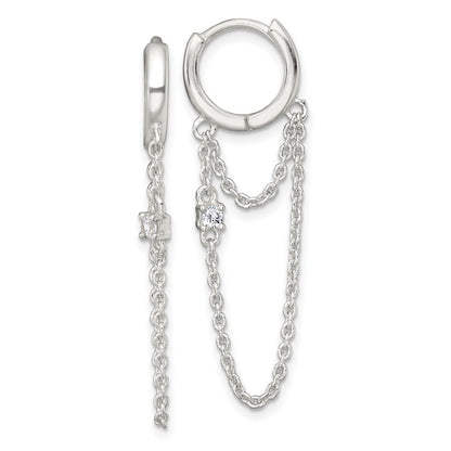 Sterling Silver Polished CZ Dangling Chain Hinged Round Hoop Earrings