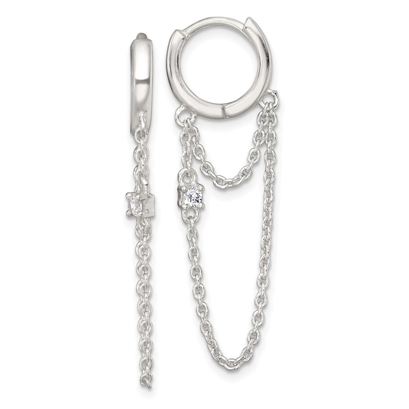 Sterling Silver Polished CZ Dangling Chain Hinged Round Hoop Earrings