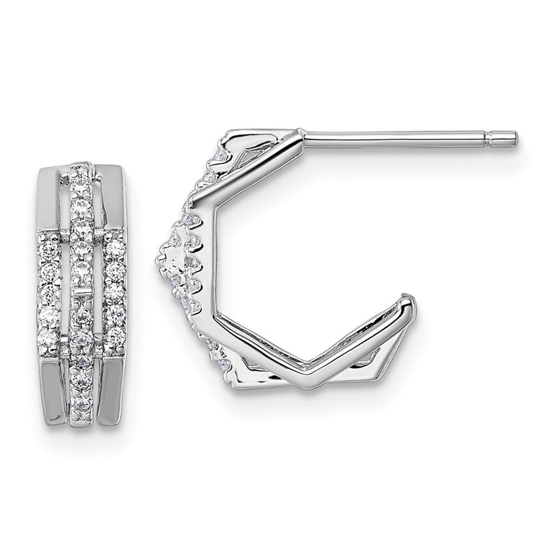 Sterling Silver Rhodium-Plated CZ Polished Post J-Hoop Earrings