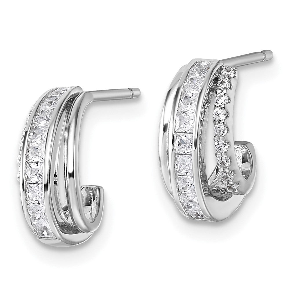 Sterling Silver Rhodium-Plated Polished CZ Post J-Hoop Earrings