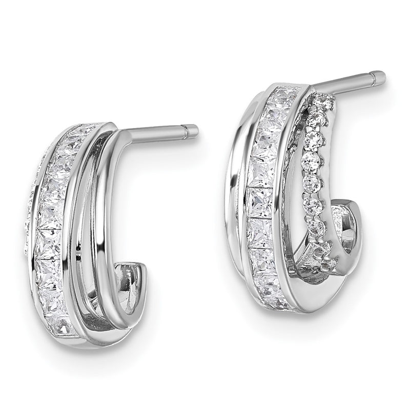 Sterling Silver Rhodium-Plated Polished CZ Post J-Hoop Earrings