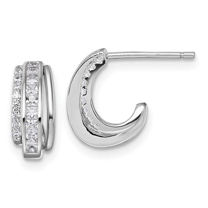 Sterling Silver Rhodium-Plated Polished CZ Post J-Hoop Earrings