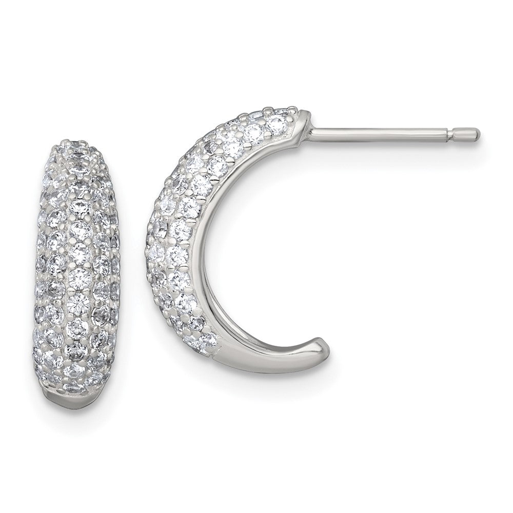 Sterling Silver Polished Pave CZ Post J-Hoop Earrings