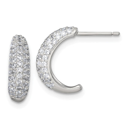 Sterling Silver Polished Pave CZ Post J-Hoop Earrings