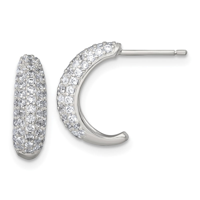 Sterling Silver Polished Pave CZ Post J-Hoop Earrings