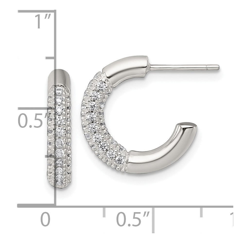 Sterling Silver Polished Pave CZ Post C-Hoop Earrings