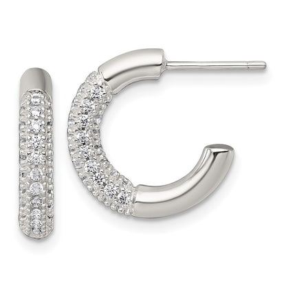 Sterling Silver Polished Pave CZ Post C-Hoop Earrings