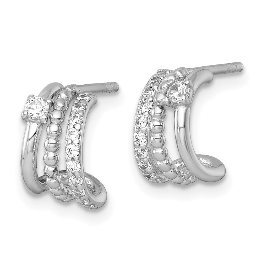 Sterling Silver Rhodium Plated Polished Beaded CZ Post C-Hoop Earrings